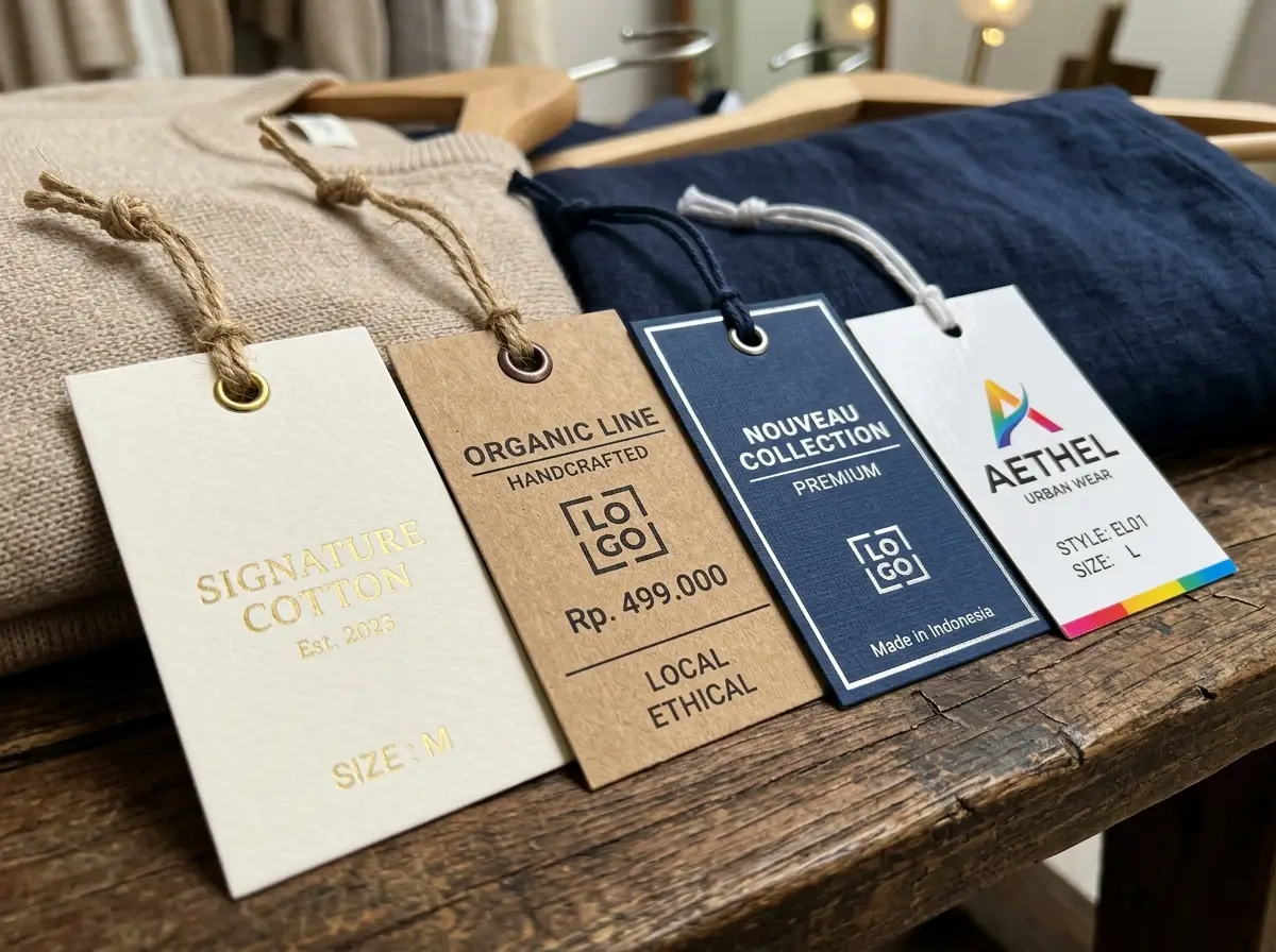Foto close-up beberapa hang tag dengan bahan berbeda seperti ivory, kraft, fancy paper, dan art carton. Setiap hang tag ditampilkan dengan tali, lubang, tekstur kertas, dan finishing yang terlihat jelas di atas latar produk fashion premium.